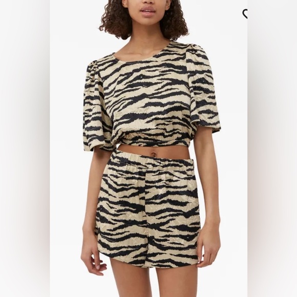 Ganni Crinkle Satin Zebra Khaki Shorts Set Crop Top Elastic Animal Print Sz 34,All Products : American Fashion Style Bags On Sale